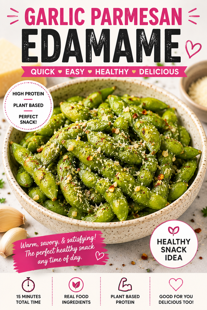 Warm Garlic Parmesan Edamame tossed with olive oil, fresh garlic, grated Parmesan cheese, black pepper, herbs, and crushed red pepper.
