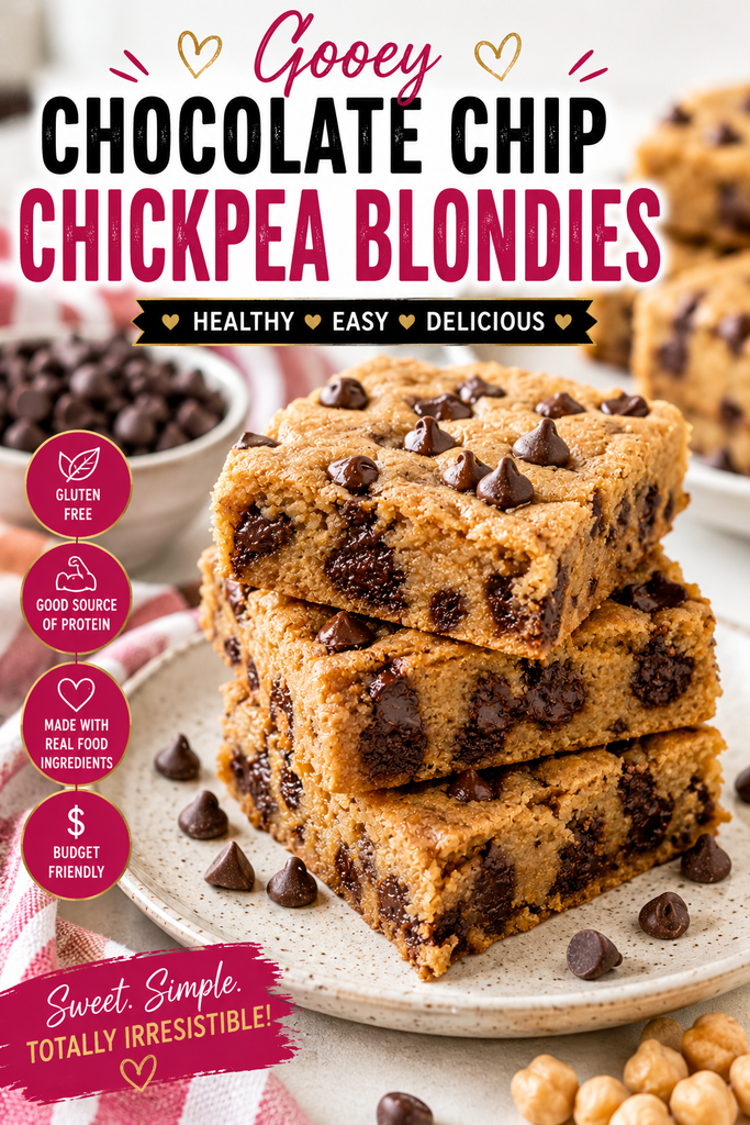 Stack of gooey chocolate chip chickpea blondies topped with chocolate chips and served on a plate.
