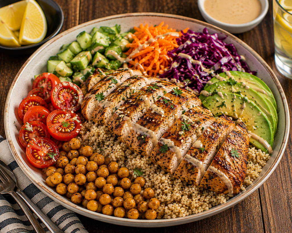 Grilled chicken power bowl with quinoa, roasted chickpeas, avocado, cucumber, cherry tomatoes, carrots, purple cabbage, and lemon-tahini drizzle.
