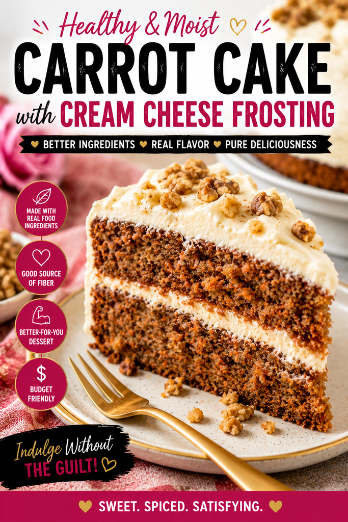 Slice of moist homemade carrot cake topped with creamy cream cheese frosting and chopped walnuts.
