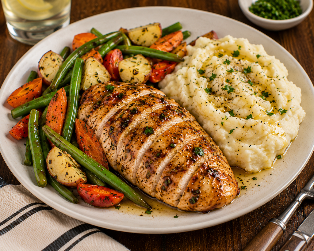 Herb garlic chicken breast served with creamy mashed potatoes and roasted green beans, carrots, and red potatoes.
