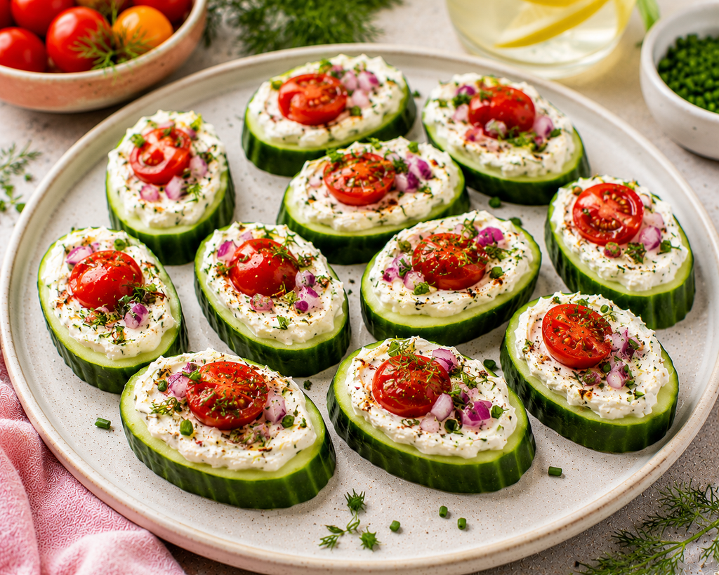 Herbed Cream Cheese Cucumber Bites topped with cherry tomatoes, diced red onion, fresh dill, chives, and black pepper.

