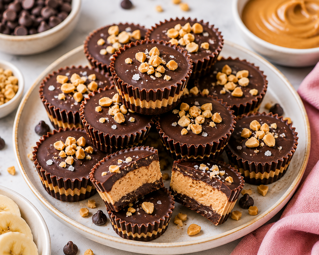 Homemade dark chocolate peanut butter cups with creamy peanut butter centers, topped with chopped peanuts and a light sprinkle of sea salt.