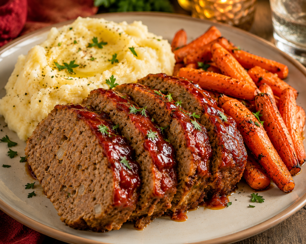 Sliced homestyle turkey meatloaf with savory tomato glaze served with creamy garlic mashed potatoes and roasted carrots.

