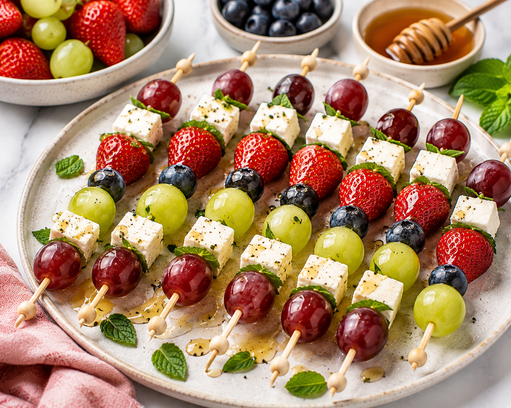 Honey Berry and Feta Snack Skewers with strawberries, blueberries, red and green grapes, feta cheese, fresh mint, and a light honey drizzle.
