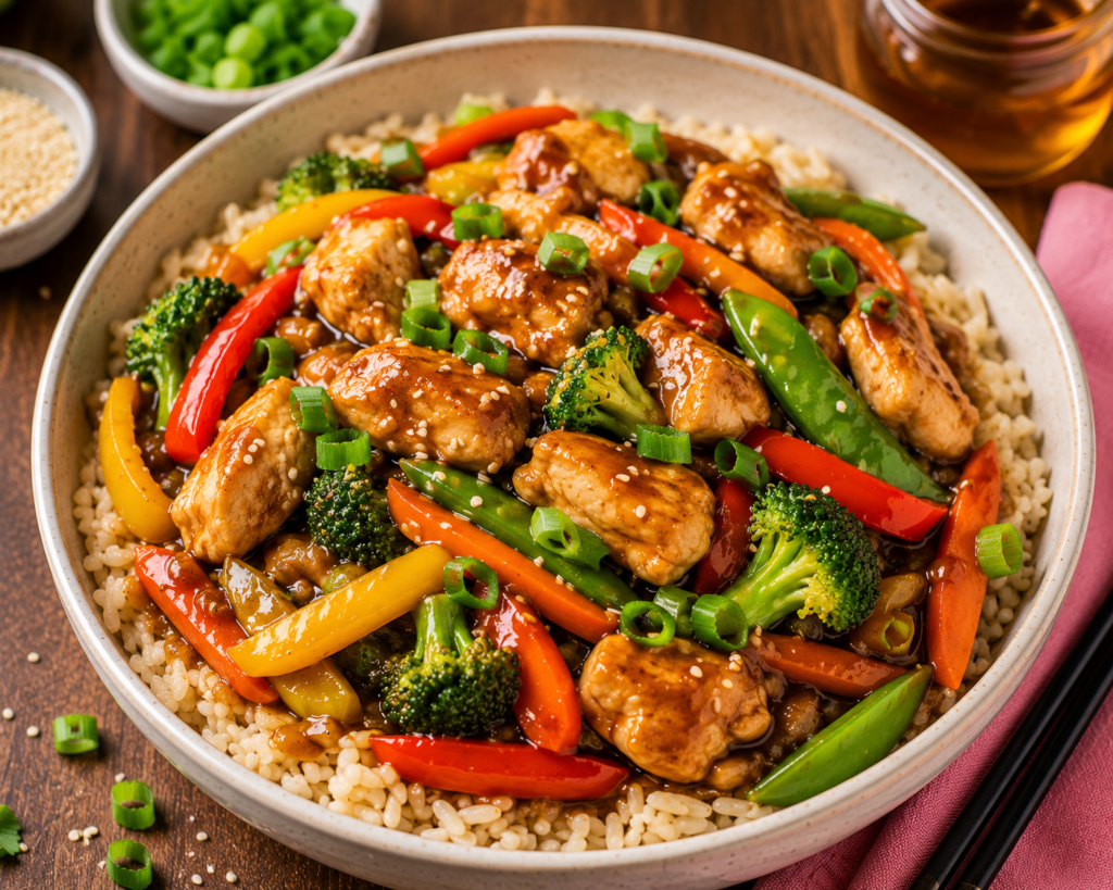 Honey Garlic Chicken and Veggie Stir-Fry with tender chicken, broccoli, colorful bell peppers, carrots, and snap peas in honey garlic sauce served over brown rice.
