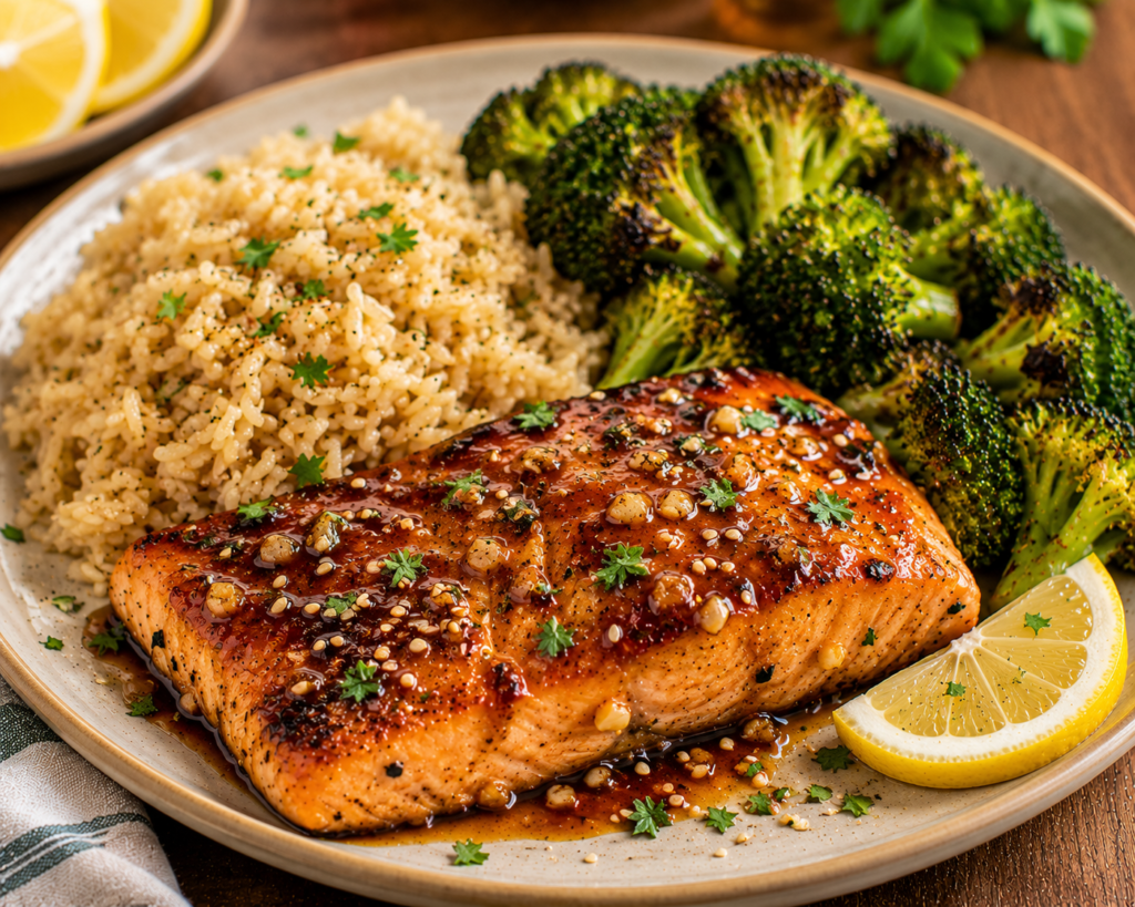 Honey garlic glazed salmon fillet served with brown rice and roasted broccoli, garnished with fresh herbs and lemon.
