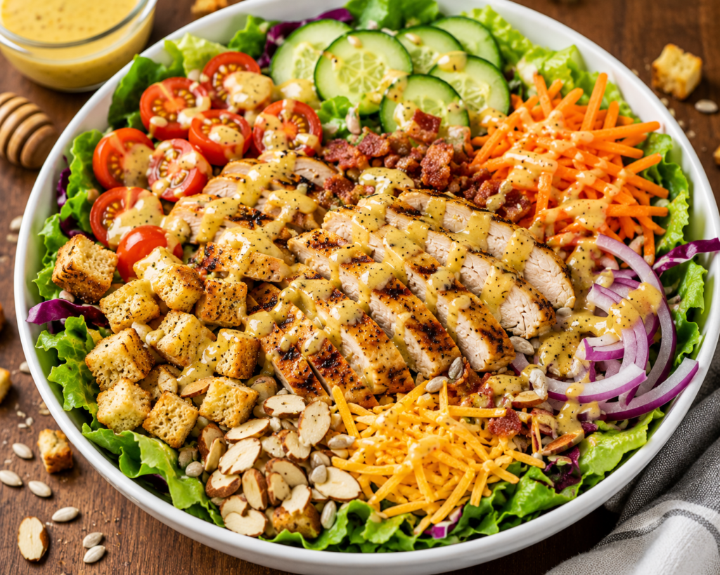 Honey Mustard Chicken Crunch Salad with grilled chicken, romaine, cabbage, carrots, cucumber, tomatoes, red onion, cheddar, toasted almonds, crunchy croutons, and creamy honey mustard dressing.
