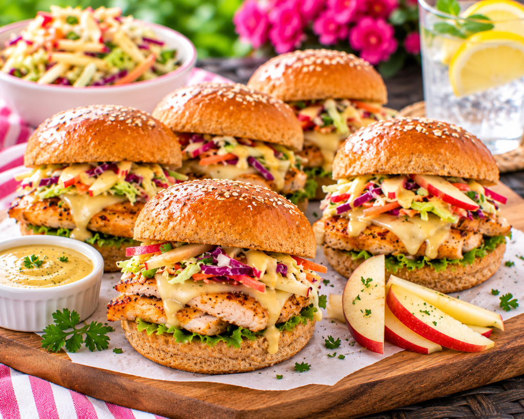 Honey Mustard Chicken Sliders with seasoned chicken, melted cheese, crunchy apple cabbage slaw, and creamy honey mustard sauce on toasted whole-grain slider buns.