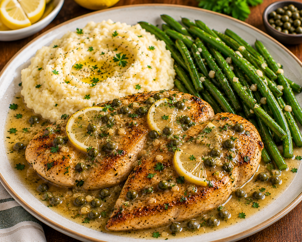 Lemon caper chicken with garlic herb sauce served with creamy garlic mashed potatoes and seasoned green beans.