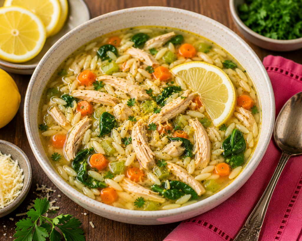 Lemon Chicken Orzo Soup with shredded chicken, orzo pasta, carrots, celery, spinach, fresh herbs, and lemon in a light golden broth.
