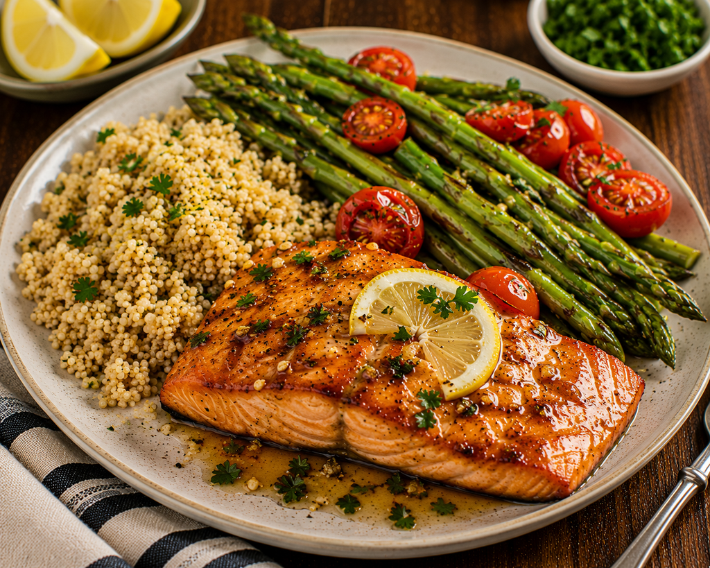 Lemon garlic salmon served with herbed quinoa, roasted asparagus, cherry tomatoes, fresh herbs, and lemon.
