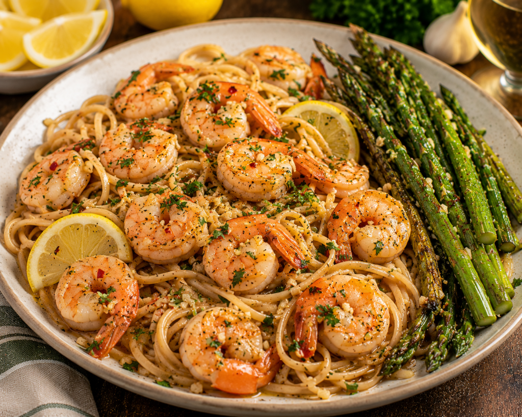 Lemon garlic shrimp scampi with whole-grain linguine and roasted asparagus garnished with fresh parsley and lemon.
