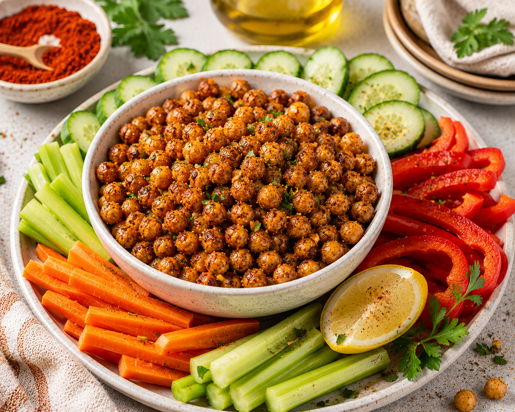 Lemon Herb Crunchy Chickpeas roasted with garlic, parsley, oregano, black pepper, and lemon zest, served with cucumber, carrots, celery, and red bell pepper.
