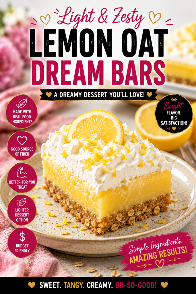 Creamy lemon oat dessert bar with a golden oat crust, light whipped topping, fresh lemon slice, and lemon zest.
