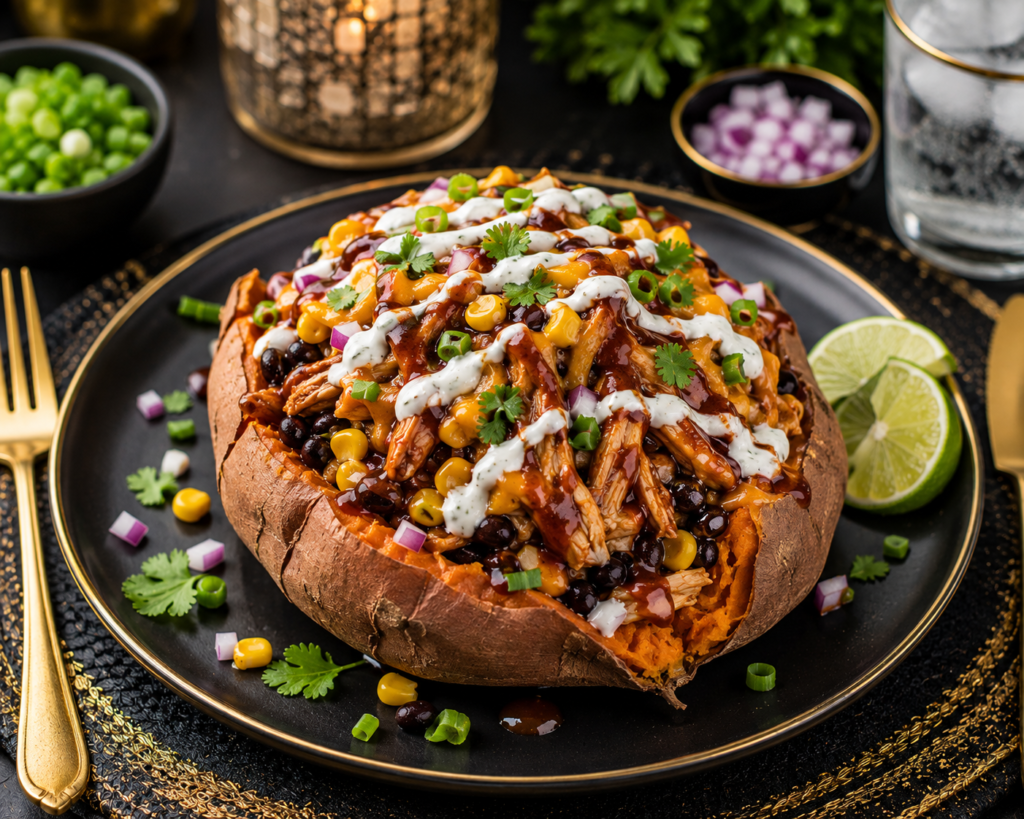 Loaded BBQ Chicken Sweet Potato topped with shredded barbecue chicken, black beans, corn, melted cheese, red onion, green onions, and creamy Greek-yogurt drizzle.