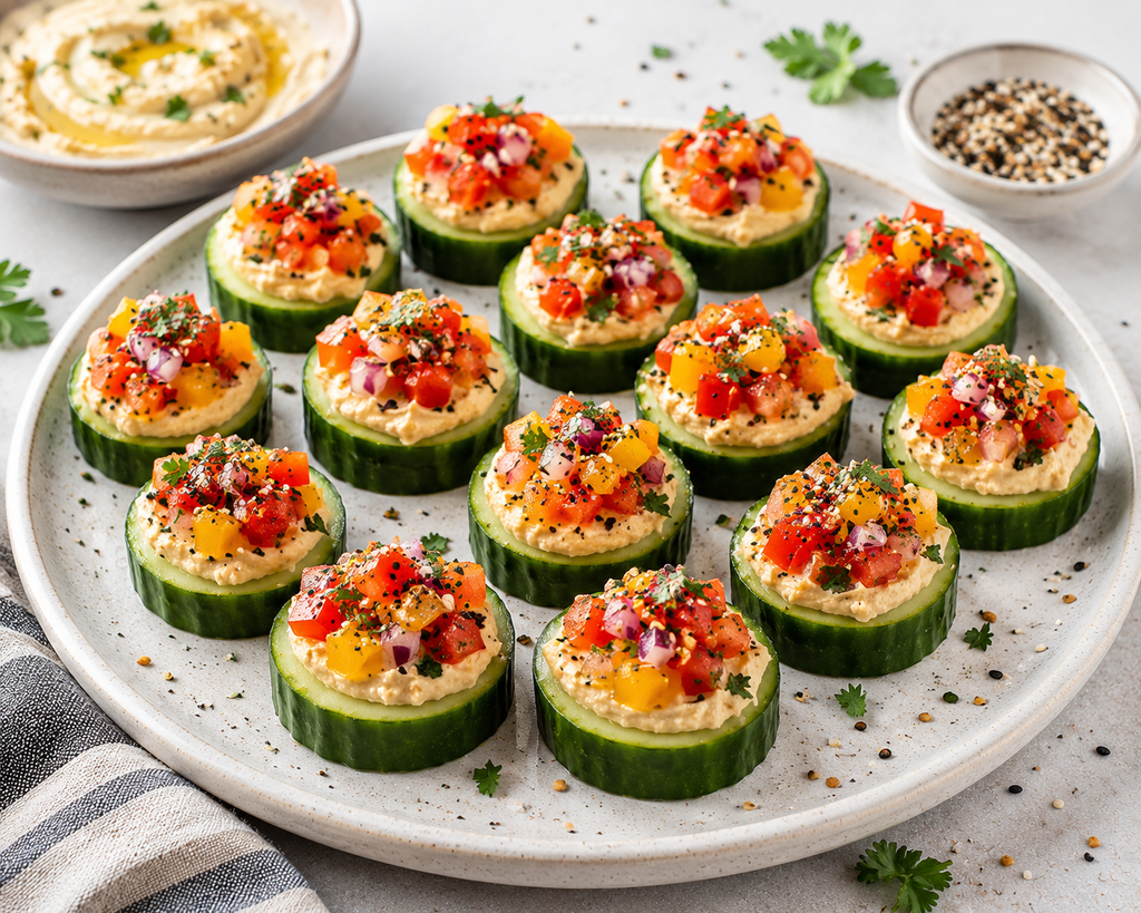 Loaded Hummus Cucumber Bites topped with diced tomatoes, bell peppers, red onion, fresh herbs, and everything seasoning on a serving plate.

