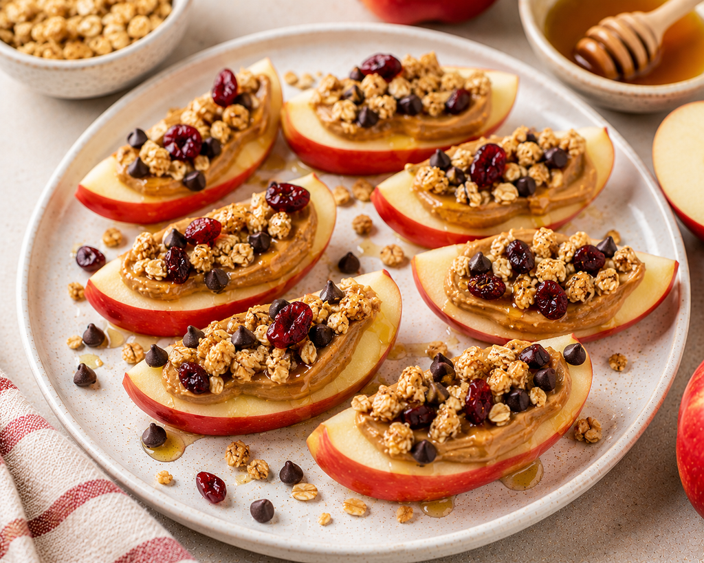 Loaded Peanut Butter Apple Crunch Bites topped with granola, dried cranberries, mini dark chocolate chips, and a light honey drizzle.

