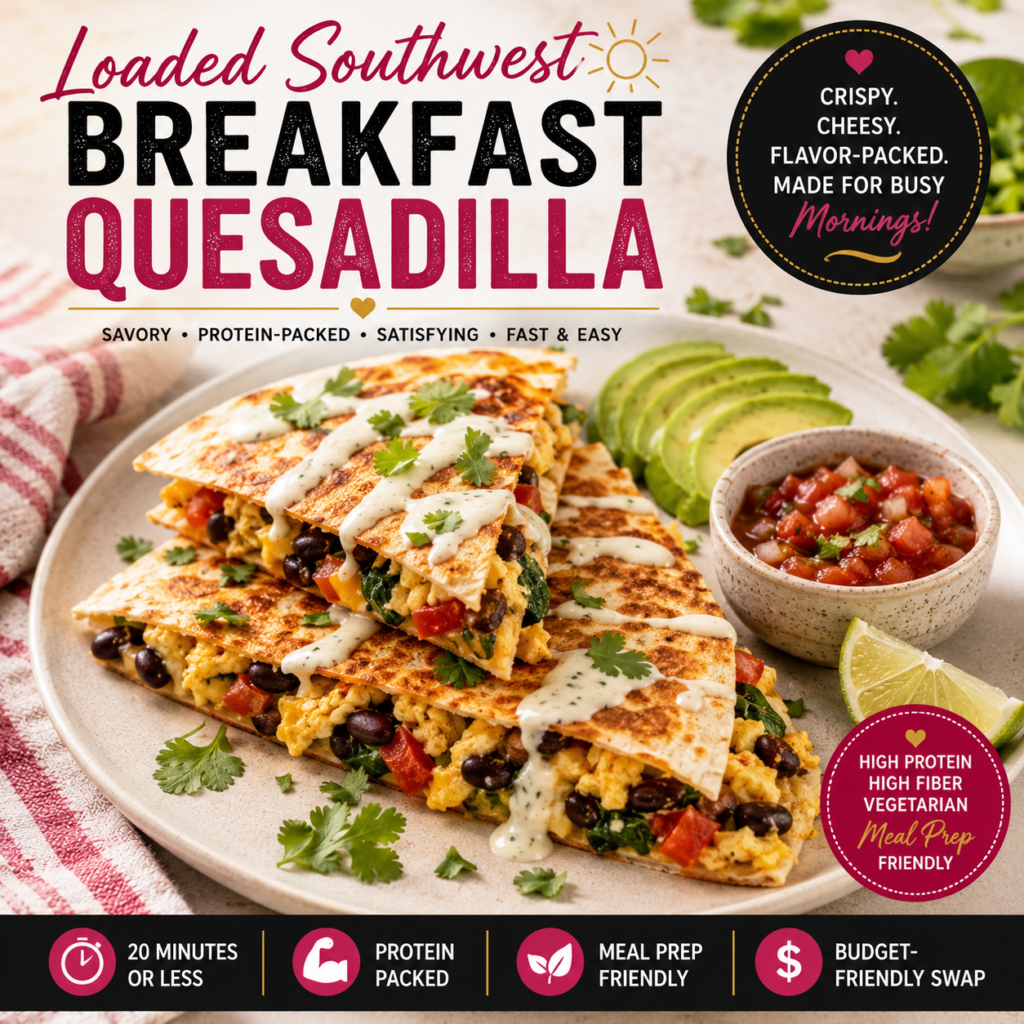 Loaded Southwest Breakfast Quesadilla with eggs, black beans, peppers, spinach, avocado, salsa and creamy lime drizzle