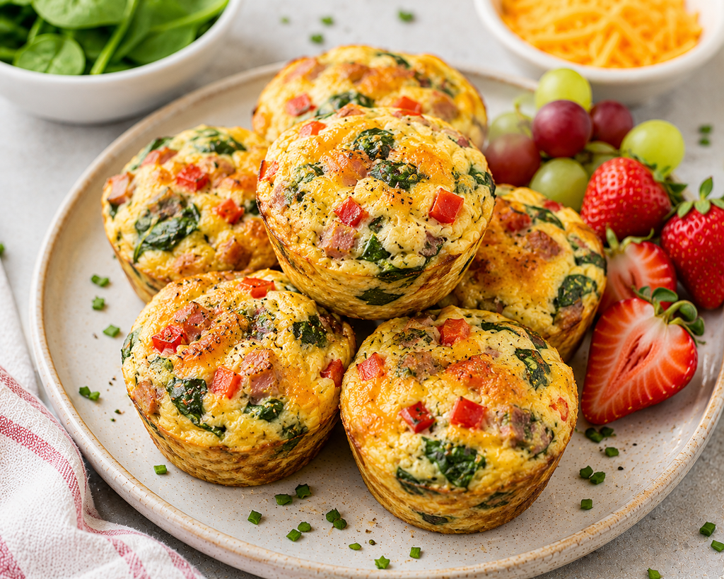 Loaded Veggie & Cheddar Egg Muffins made with eggs, spinach, red bell pepper, tomato, turkey bacon, onion, and melted cheddar cheese, served with fresh strawberries and grapes.

