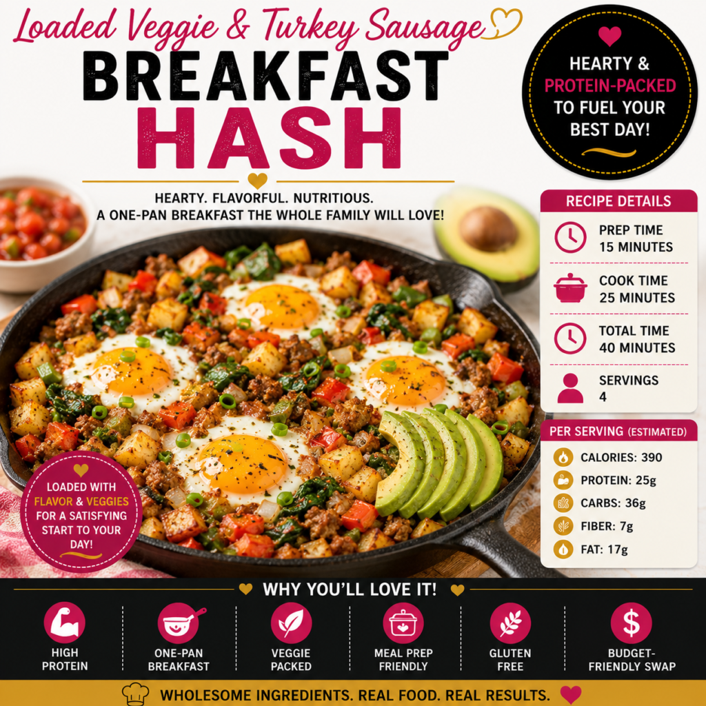 Loaded Veggie and Turkey Sausage Breakfast Hash with crispy potatoes, eggs, peppers, spinach, turkey sausage and sliced avocado
