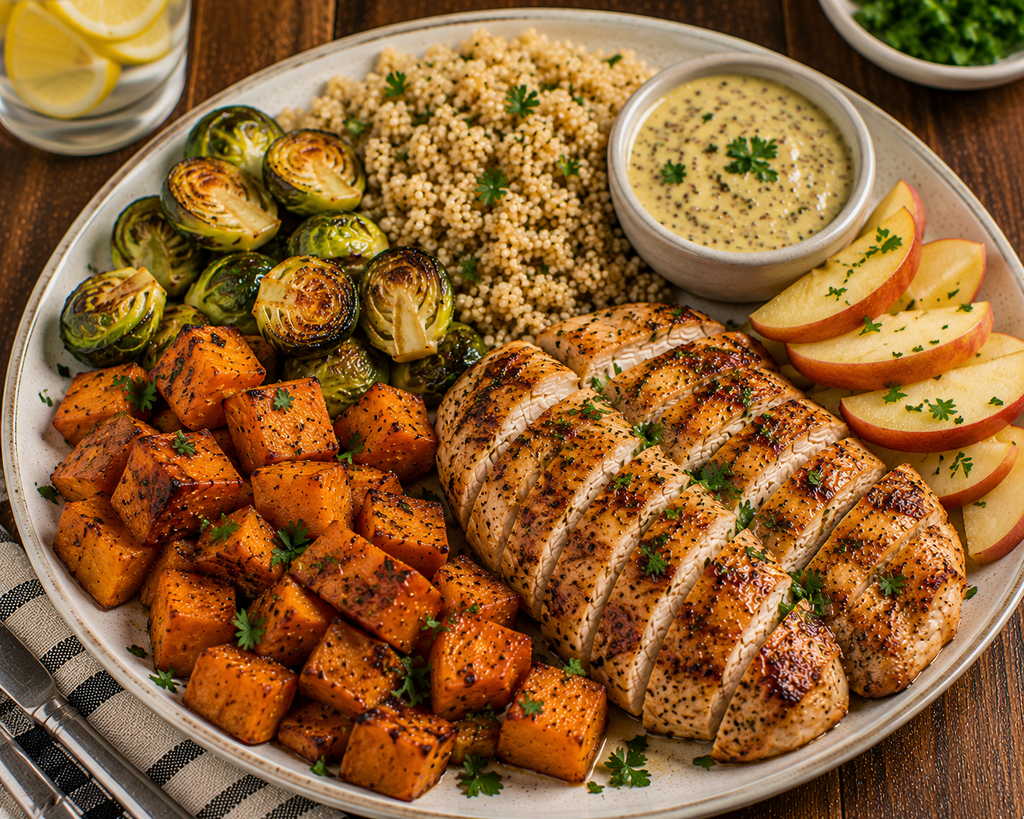 Maple Dijon chicken served with roasted sweet potatoes, Brussels sprouts, herbed quinoa, fresh apple slices, and creamy Dijon sauce.