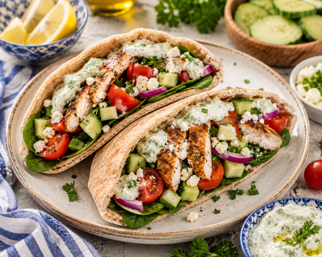 Mediterranean Chicken Pita Pockets filled with seasoned chicken, cucumber, tomatoes, spinach, red onion, feta cheese, and creamy homemade tzatziki sauce.
