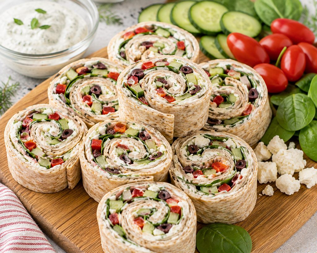 Mediterranean Veggie Pinwheels made with whole-wheat tortillas, creamy herb spread, spinach, cucumber, roasted red pepper, Kalamata olives, and crumbled feta cheese.
