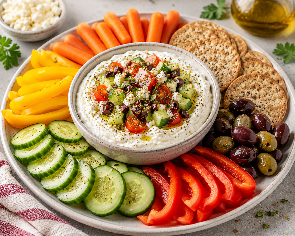 Mediterranean Whipped Feta Yogurt Dip topped with cucumber, cherry tomatoes, olives, feta, herbs, and olive oil, served with fresh vegetables and whole-grain crackers.

