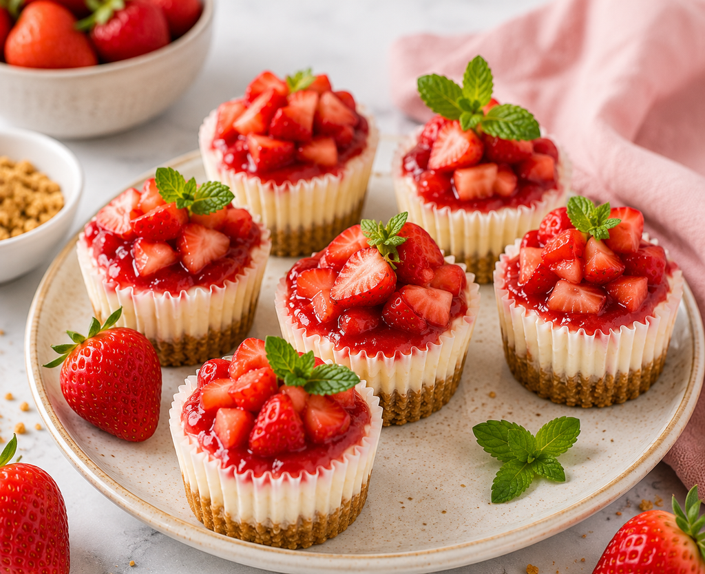 Mini strawberry Greek yogurt cheesecakes with graham cracker crusts topped with fresh chopped strawberries and strawberry sauce.
