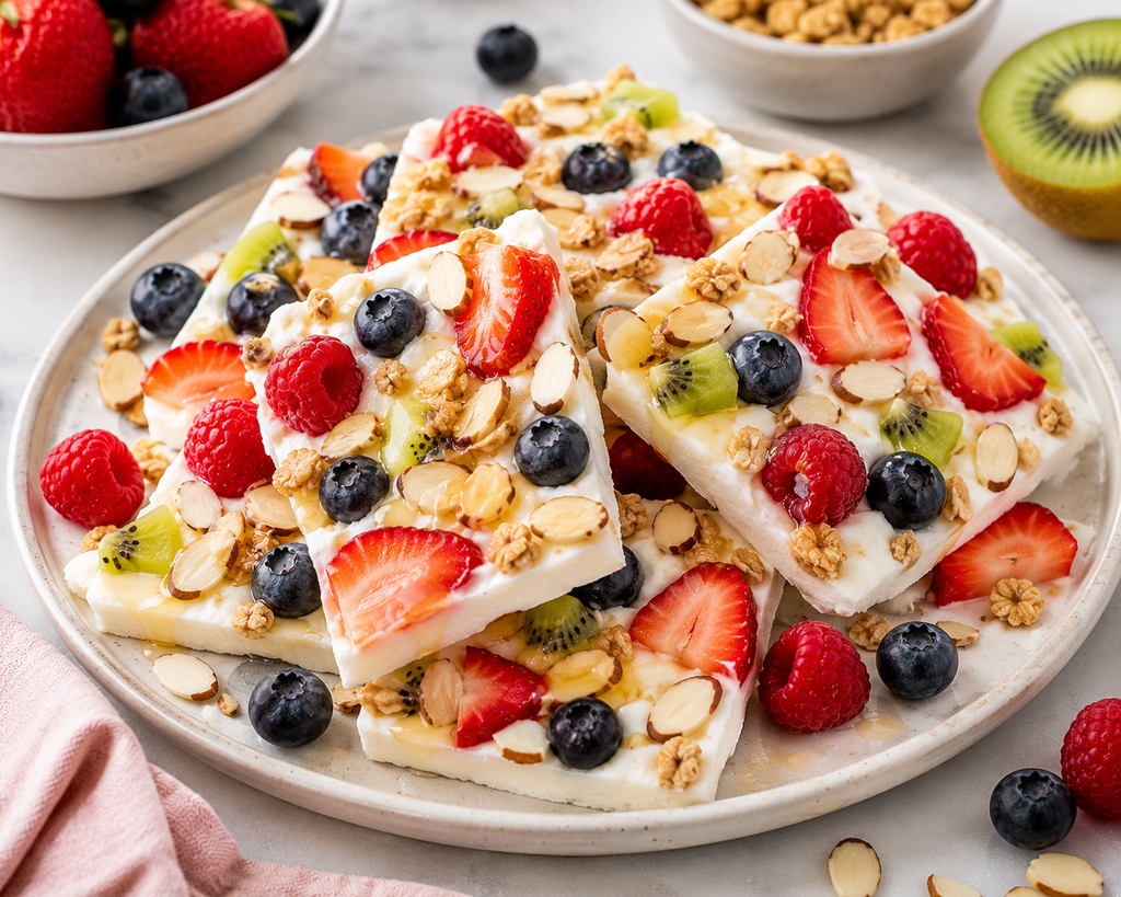 Mixed berry frozen yogurt bark topped with strawberries, blueberries, raspberries, kiwi, sliced almonds, granola, and a light drizzle of honey.