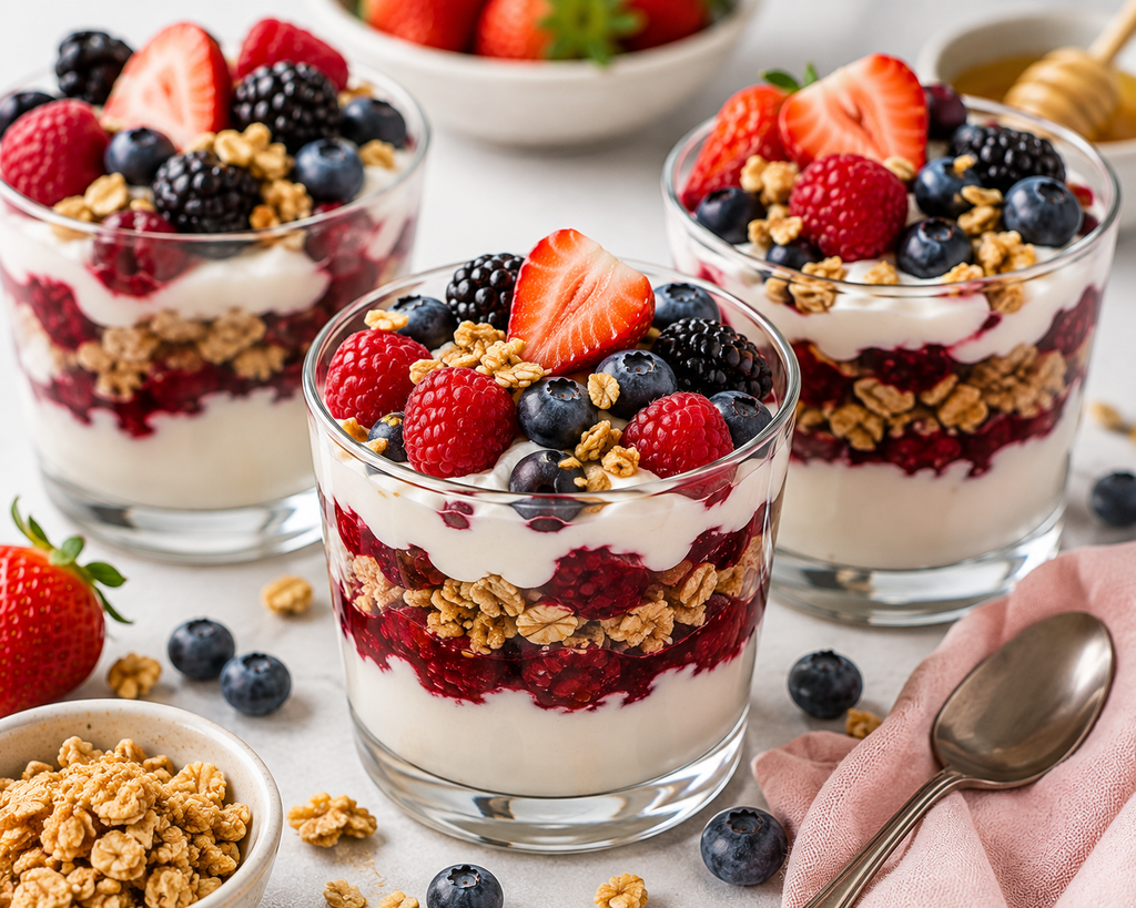 Mixed berry Greek yogurt parfaits layered with creamy yogurt, berry compote, crunchy granola, strawberries, raspberries, blueberries, and blackberries.
