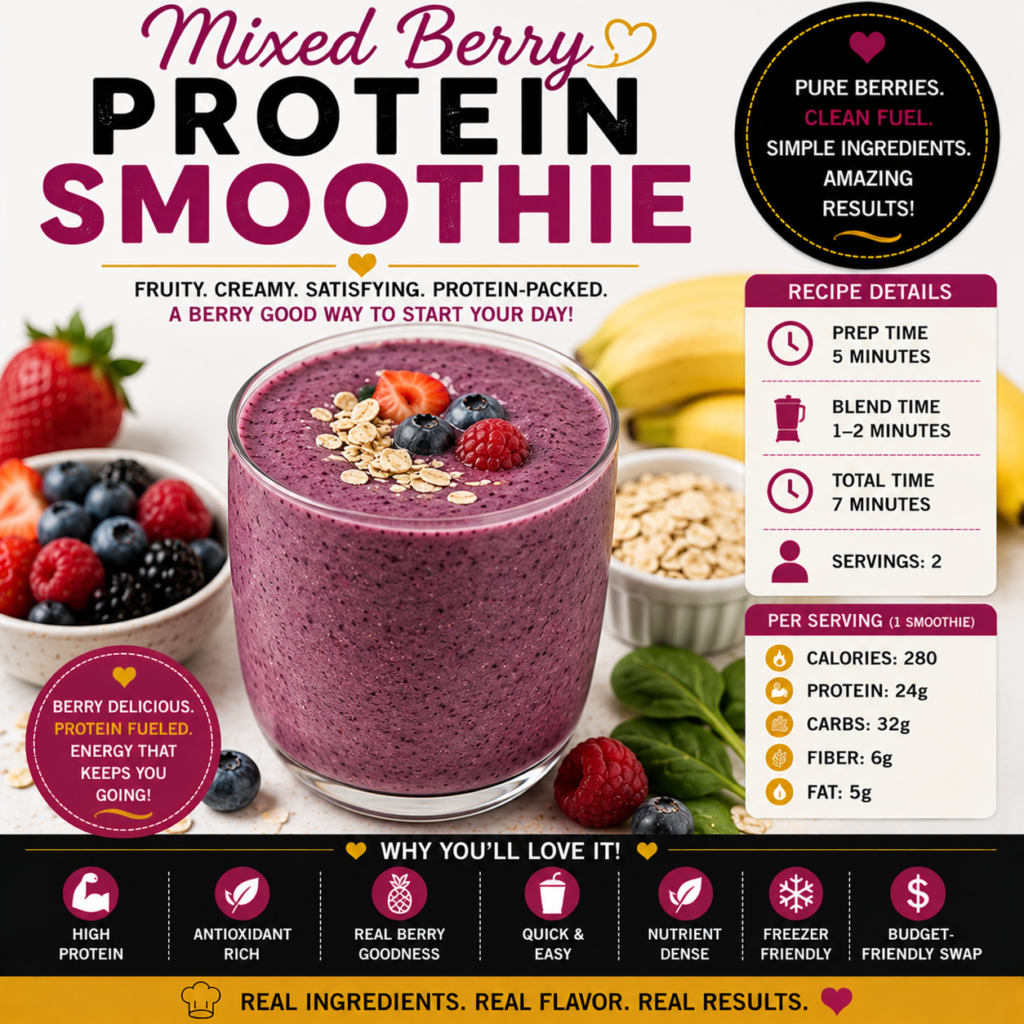 Mixed Berry Protein Smoothie with strawberries, blueberries, raspberries, blackberries, banana, Greek yogurt, oats and chia seeds
