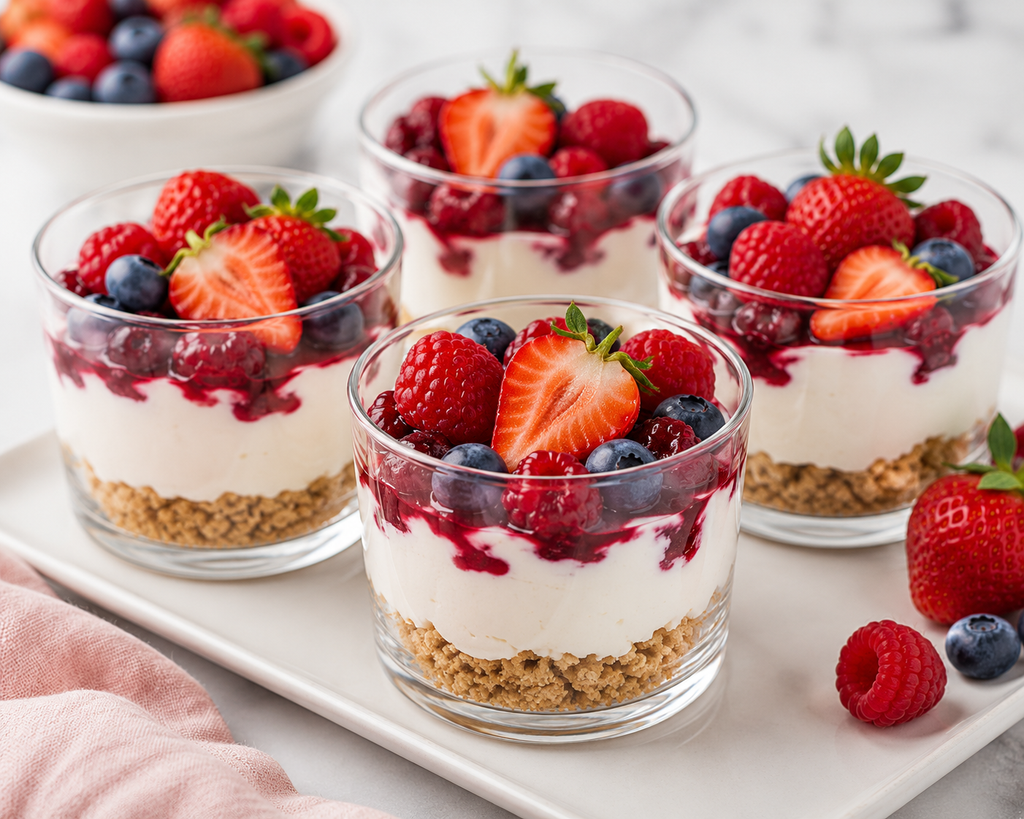 Individual no-bake berry cheesecake cups with a graham cracker crust, creamy cheesecake filling, and fresh strawberries, raspberries, and blueberries.
