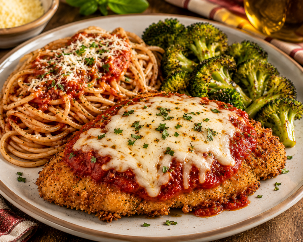 Oven-baked chicken Parmesan topped with marinara and melted mozzarella, served with whole-grain spaghetti and roasted broccoli.
