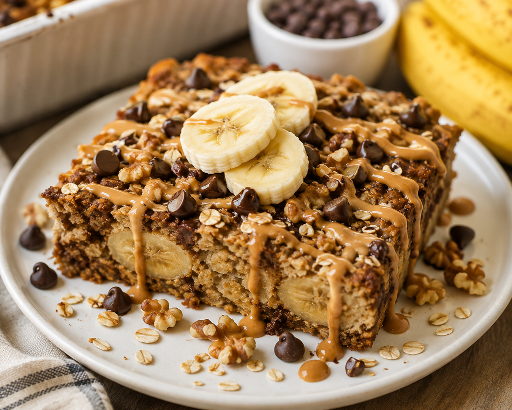 Peanut butter banana chocolate chip oatmeal bars topped with fresh banana slices, chocolate chips, walnuts, oats, and a creamy peanut butter drizzle.