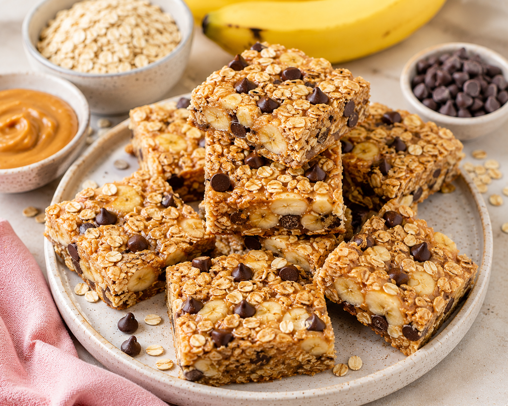 Peanut Butter Banana Oatmeal Snack Bars made with rolled oats, ripe banana, creamy peanut butter, cinnamon, and dark chocolate chips.
