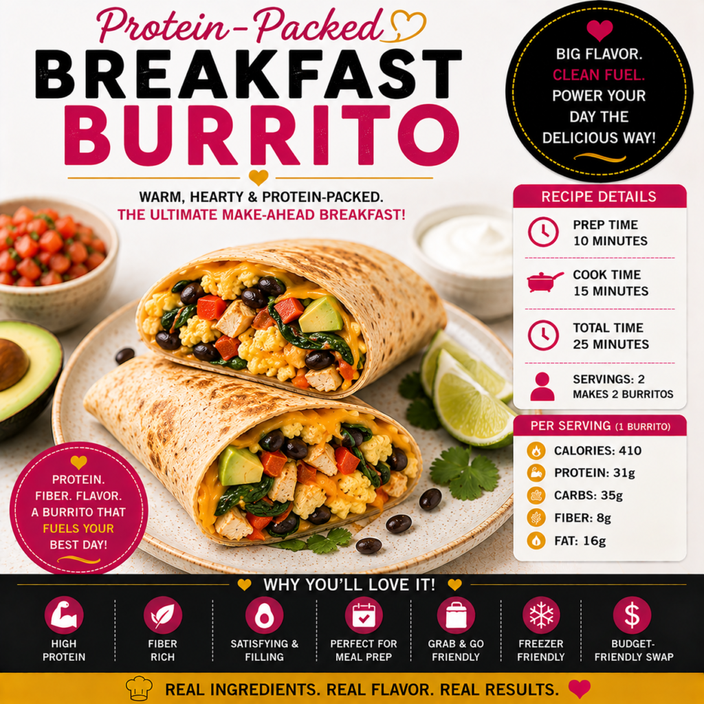 Protein-Packed Breakfast Burrito filled with scrambled eggs, seasoned chicken, black beans, spinach, peppers, avocado and melted cheese