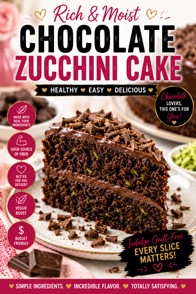 Slice of rich and moist chocolate zucchini cake topped with a smooth dark chocolate topping and chocolate shavings.