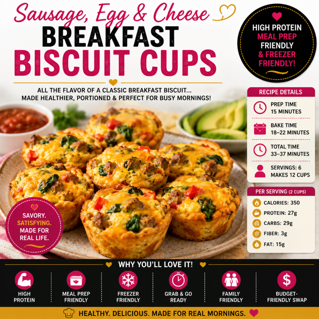 Sausage, Egg and Cheese Breakfast Biscuit Cups filled with turkey sausage, fluffy eggs, spinach, peppers and melted cheddar cheese
