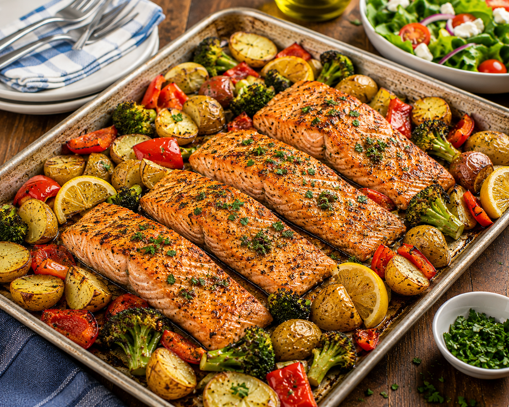 Sheet-pan herb salmon with roasted baby potatoes, broccoli, red bell peppers, and fresh lemon.
