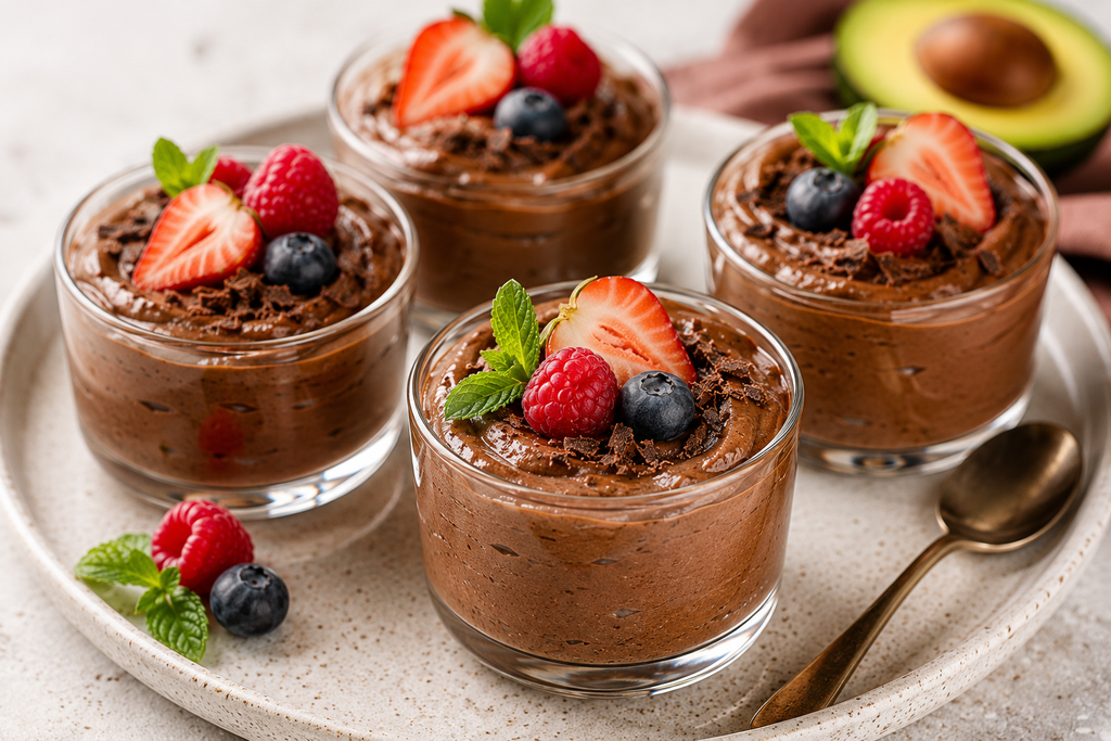 Creamy chocolate avocado mousse served in individual glass cups and topped with fresh berries, mint, and dark chocolate shavings.