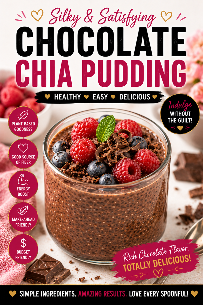 Creamy chocolate chia pudding topped with fresh raspberries, blueberries, dark chocolate shavings, and mint.
