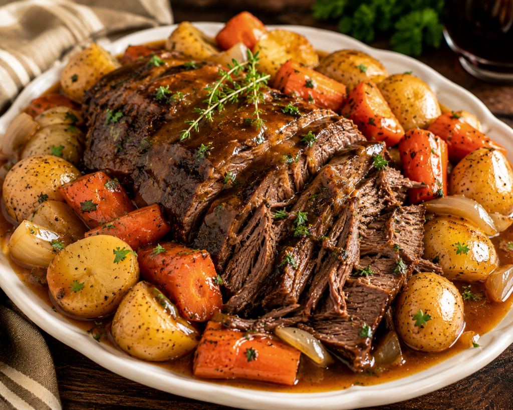 Tender slow-cooked beef pot roast served with carrots, baby potatoes, onions, herbs, and savory cooking juices.
