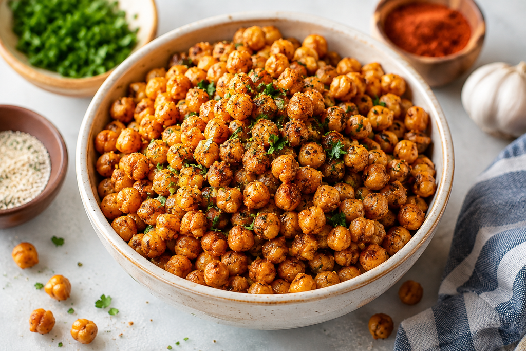 Smoky Ranch Roasted Chickpeas seasoned with paprika, garlic, herbs, and ranch-inspired spices in a ceramic bowl.

