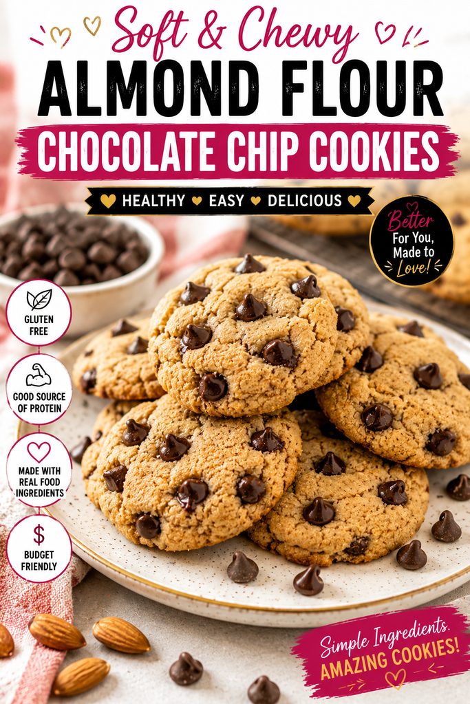 Soft and chewy almond flour chocolate chip cookies stacked on a plate with melted chocolate chips throughout.