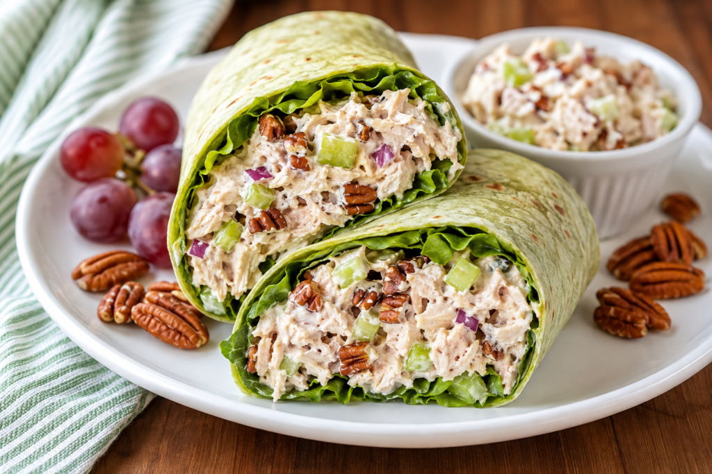Southern Chicken Salad & Pecan Wrap filled with creamy shredded chicken, crisp celery, red onion, toasted pecans, and fresh lettuce, served with red grapes.