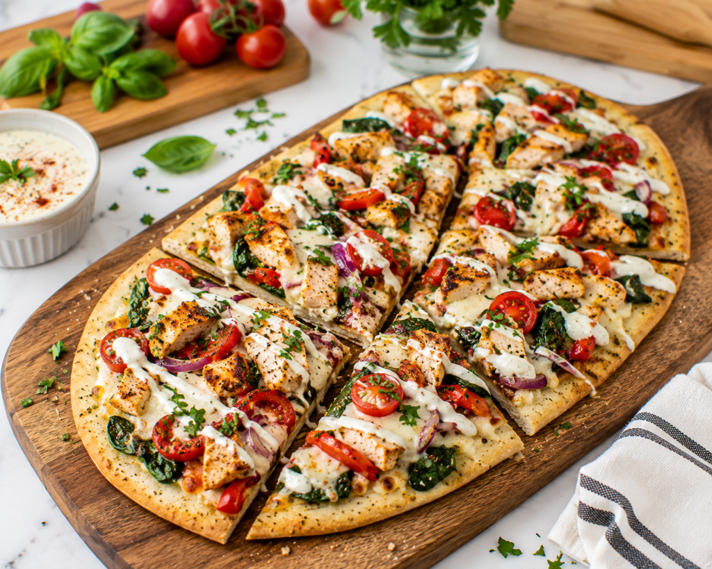 Southern Chicken and Veggie Flatbread topped with seasoned chicken, spinach, roasted red peppers, tomatoes, red onion, melted mozzarella, fresh herbs, and smoky Greek-yogurt drizzle.