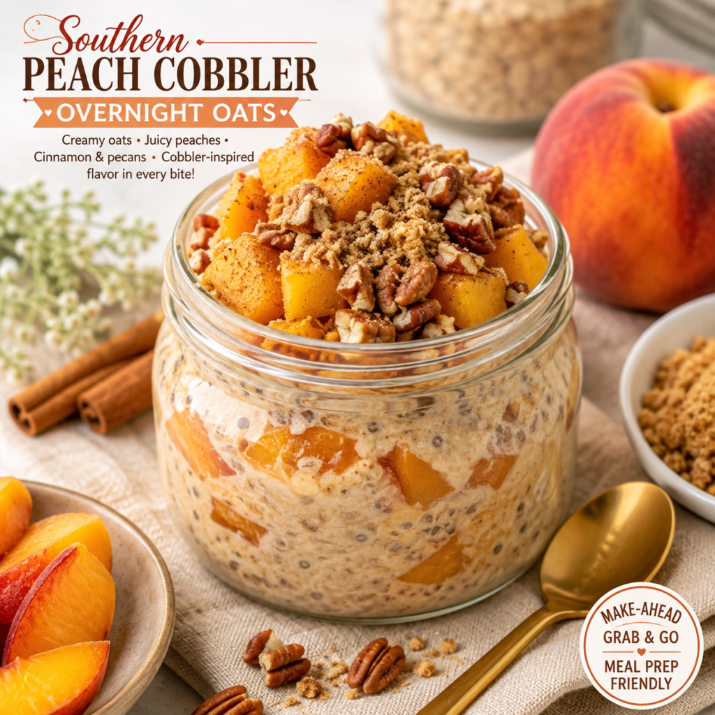 Southern Peach Cobbler Overnight Oats with fresh peaches, cinnamon, pecans and graham cracker topping
