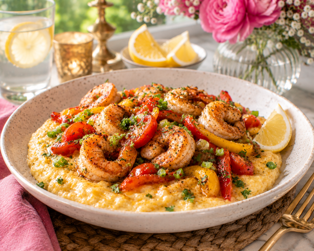 Southern Shrimp and Cheesy Grits Bowl with Cajun-seasoned shrimp, creamy cheddar grits, sautéed bell peppers, tomatoes, green onions, fresh parsley, and lemon.
